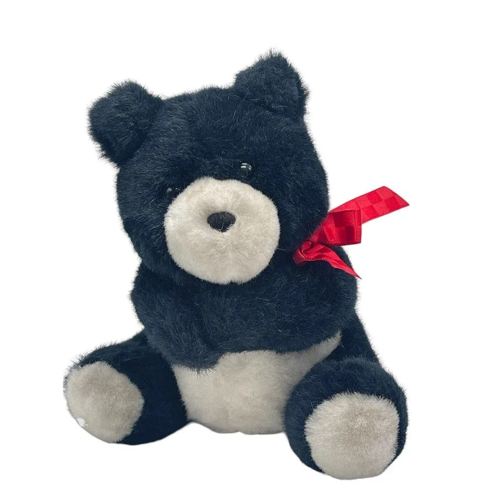 Heartline Hallmark 1990 vintage plush black teddy bear red ribbon Valentine's